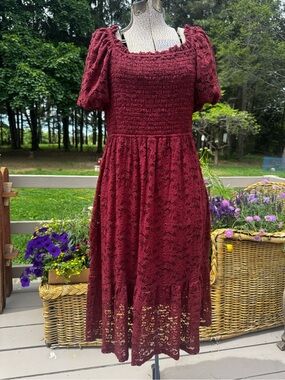 Lauren Conrad Smocked Lace Midi Dress with Puff Sleeves - Wine Merlot